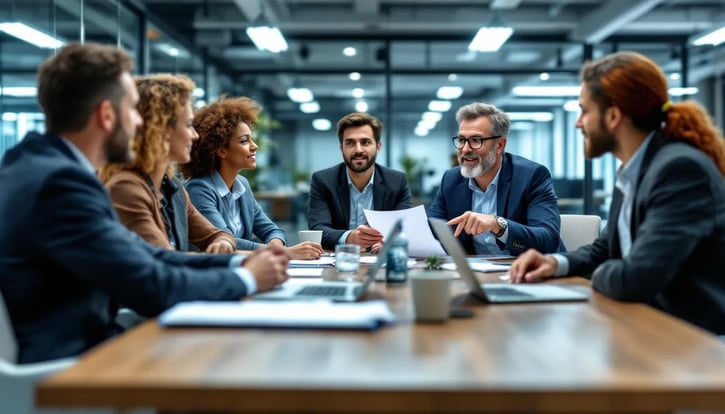Mitarbeiter diskutieren Agenda beim Jour Fixe im Büro wie Termine 