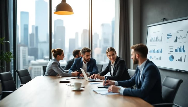 In einem Konferenzraum analysiert ein Mitarbeiterteam die Umsatzprognose, um wichtige geschäftliche Entscheidungen zu treffen. Sie nutzen dabei verschiedene Daten und Technologien, um die Grundlage für zukünftige Umsätze und Markttrends zu verstehen.