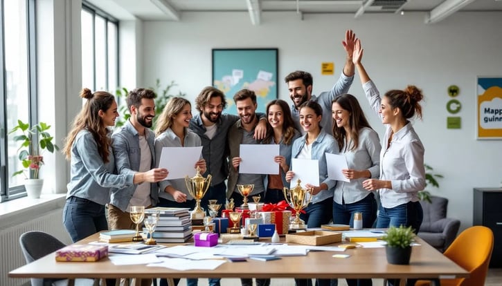 In der Abbildung sieht man ein motiviertes Team von Mitarbeitern, das stolz seine Incentives für hervorragende Leistungen präsentiert, darunter Gutscheine und Prämien. Diese Belohnungen sind Teil eines Anreizsystems, das den Teamgeist und die Mitarbeitermotivation in dem Unternehmen fördert.