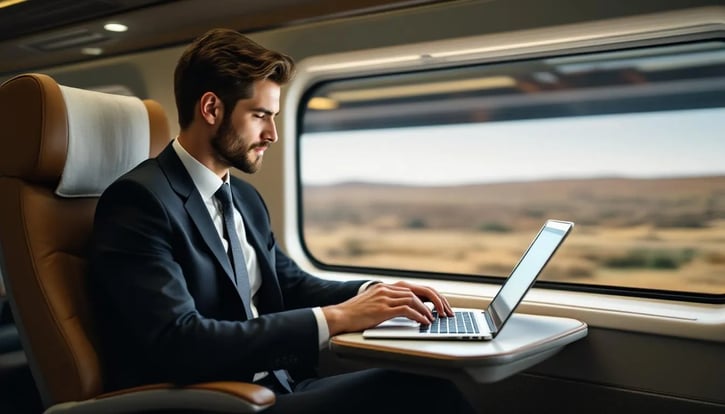 In der Abbildung sieht man eine Person, die im Zug an einem Laptop arbeitet, während sie auf einer Dienstreise ist, was das Konzept des mobilen Arbeitens verdeutlicht. Der Bildschirm des Laptops zeigt Dokumente, und die Umgebung ist geprägt von anderen Reisenden und dem Interieur des Zuges.