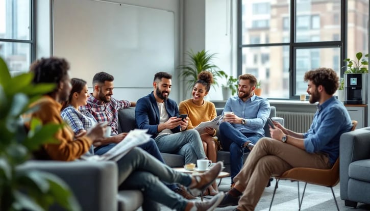 In dem Bild sind mehrere Arbeitnehmer während einer gesetzlich vorgeschriebenen Pause zu sehen, die sich entspannen und miteinander sprechen. Die Szene vermittelt ein Gefühl von Ruhe und Erholung, während die Angestellten ihre Pausenzeiten nutzen, um sich von der Arbeitszeit zu erholen.