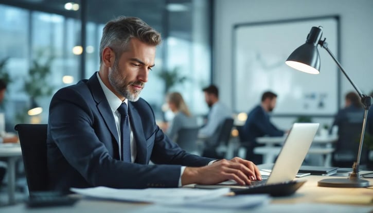 In einem Büro sitzt ein Arbeitgeber an einem Tisch, während er Lohnkosten für seine Mitarbeiter berechnet. Auf dem Tisch liegen Rechnungen und Dokumente, die die verschiedenen Personalkosten, wie Löhne und Lohnnebenkosten, auflisten.