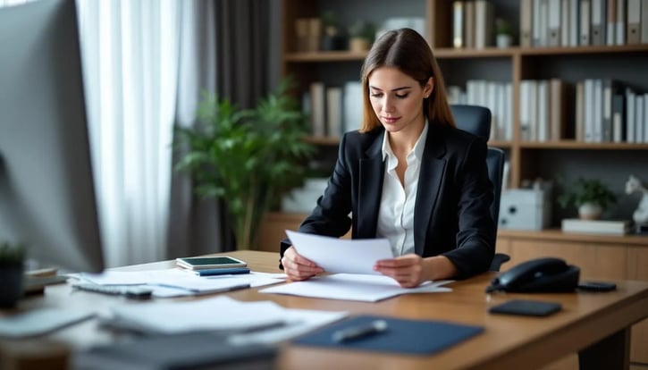 . Eine Arbeitgeberin prüft ein ärztliches Attest eines Angestellten, das die Arbeitsunfähigkeit aufgrund von Krankheit bescheinigt. Auf dem Tisch liegen weitere Dokumente, die möglicherweise mit der Gesundheitsüberprüfung und den Anforderungen der Krankenkassen in Verbindung stehen.
