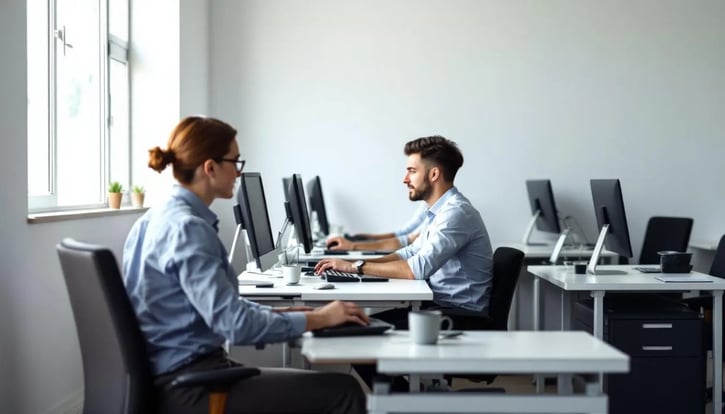 In einem unterbesetzten Büro arbeiten mehrere Mitarbeitende, die sich um verschiedene Aufgaben kümmern, während sie mit den Folgen des Personalmangels und den Herausforderungen im Kundenservice konfrontiert sind. Die Szene zeigt, wie die Mitarbeiter trotz der begrenzten Ressourcen ihr Bestes geben, um die Kundenzufriedenheit aufrechtzuerhalten.